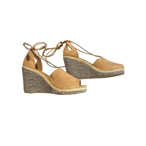 Lane Bryant Open Toe Tan .75" Platform 4" Graphic Wedge Boho Espadrilles Size 10 - Picture 1 of 7